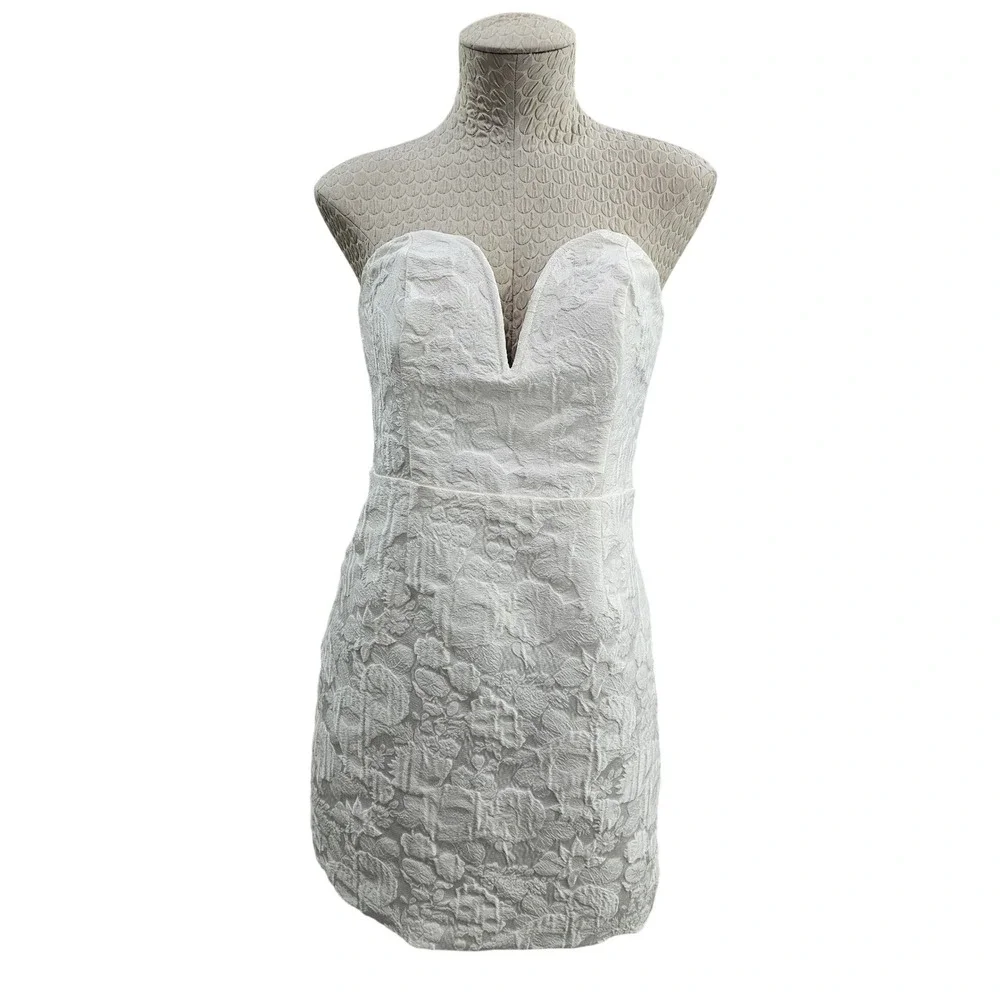 Lulus Floral Jacquard Strapless Mini Dress Women M White V-Neck Bridal Party NEW